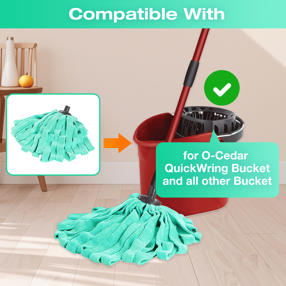 Microfiber Cloth Mop Refills Compatible with O-Cedar Flat Mop — Washable, Wet & Dry, 3 Pack (Green)