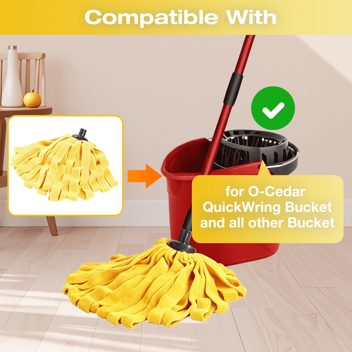 Microfiber Cloth Mop Refills Compatible with O-Cedar Flat Mop — Washable, Wet & Dry, 3 Pack (Yellow)