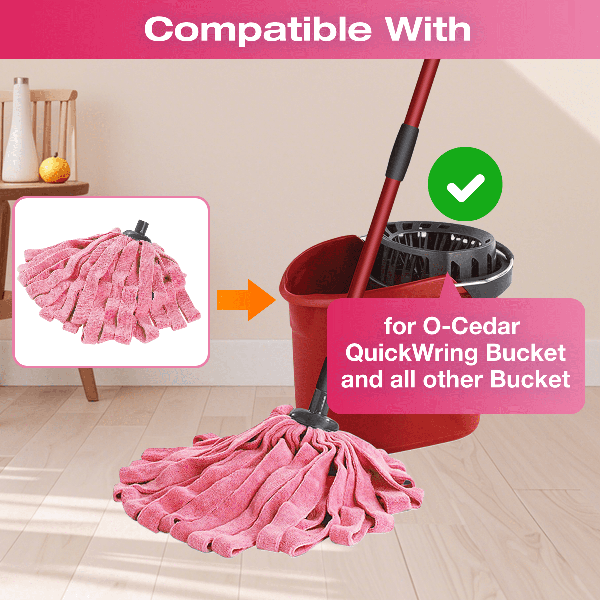 Microfiber Cloth Mop Refills Compatible with O-Cedar Flat Mop — Washable, Wet & Dry, 3 Pack (Pink)