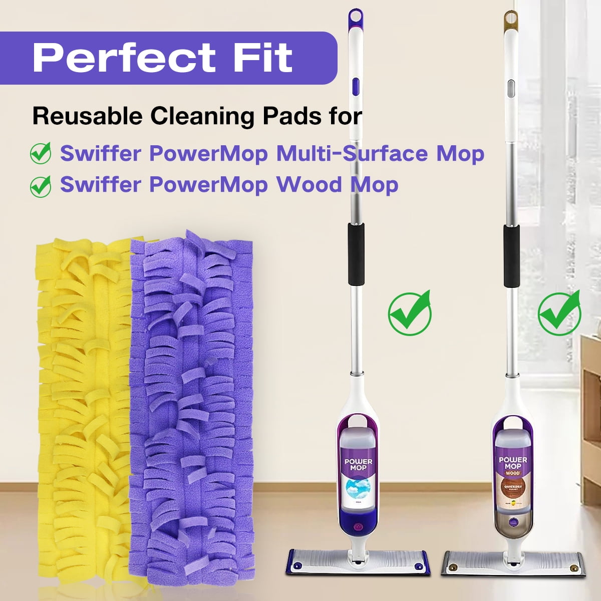 Reusable Washable Mop Pads Compatible with Swiffer PowerMop — Multi-Surface Microfiber, 4 Pack (2 Yellow + 2 Purple)